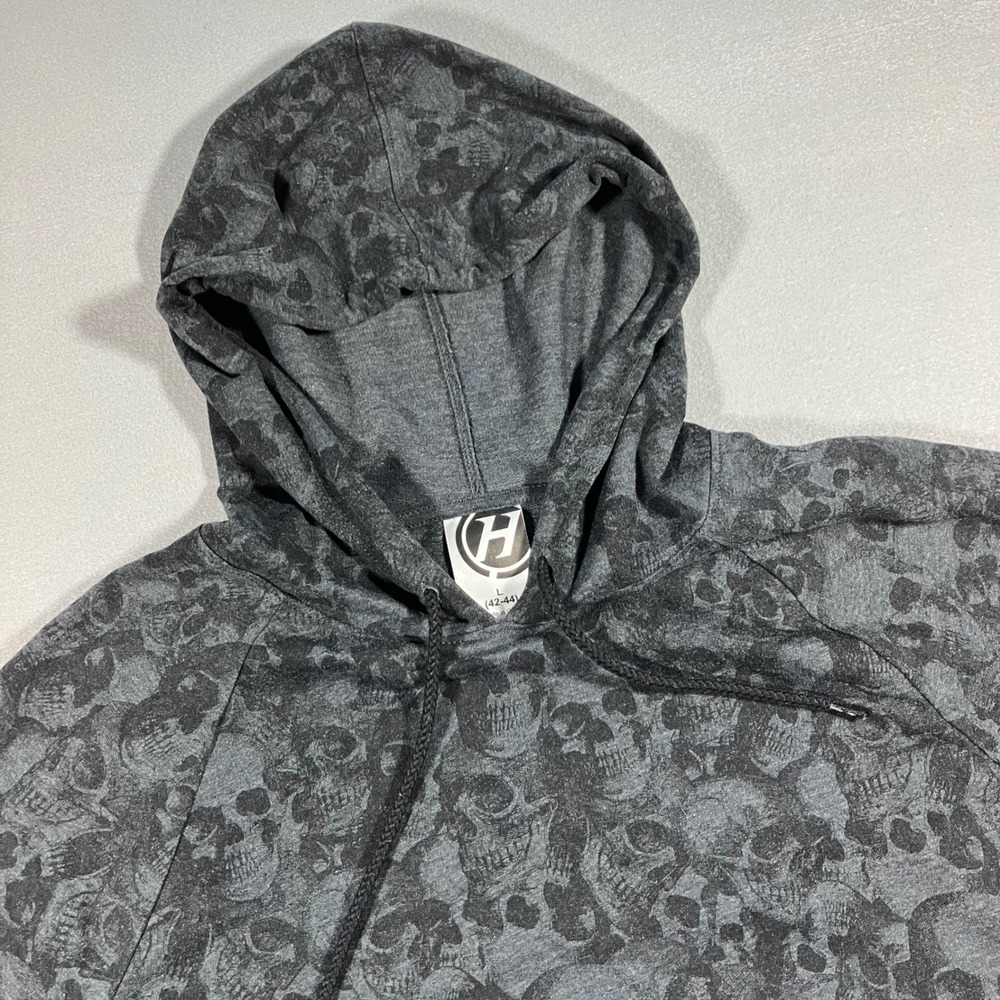 Y2K Mens L Short Sleeve Hoodie Charcoal Grey All Over Skull Print Size Skater
